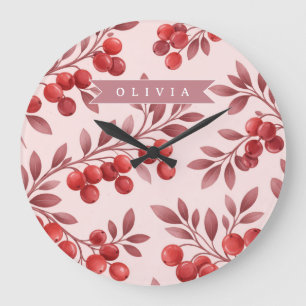 Personalized Winter Red Berry Botanical Cottage Large Clock