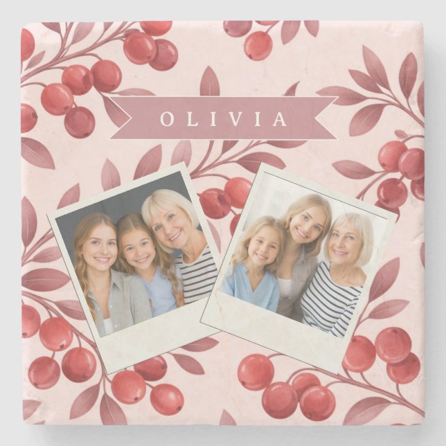Personalized Winter Red Berry Botanical Cottage Stone Coaster (Front)