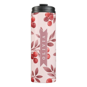Personalized Winter Red Berry Botanical Cottage Thermal Tumbler