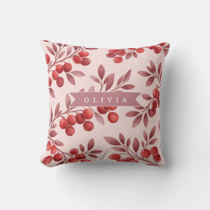 Personalized Winter Red Berry Botanical Cottage Throw Pillow