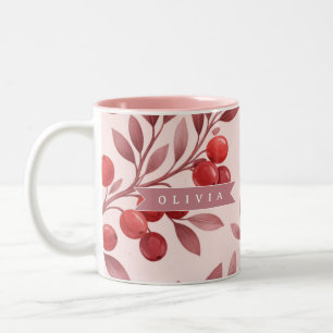 Personalized Winter Red Berry Botanical Cottage Two-Tone Coffee Mug