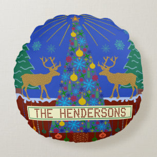 Personalized Winter Reindeer Christmas Tree Scene Round Pillow