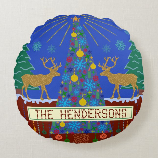 Personalized Winter Reindeer Christmas Tree Scene Round Pillow (Front)