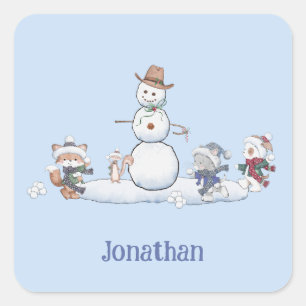 Personalized Winter Snowball Fight Animals  Square Sticker
