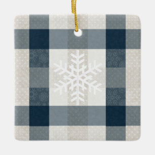 Personalized Winter Snowflake Blue Plaid Christmas Ceramic Ornament