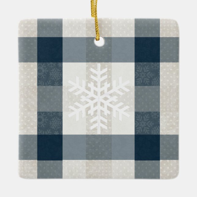 Personalized Winter Snowflake Blue Plaid Christmas Ceramic Ornament (Front)