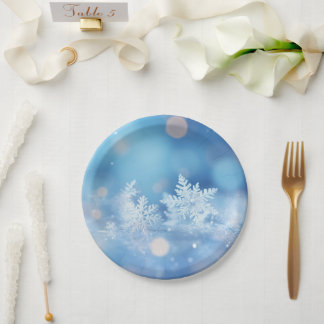 Personalized Winter Snowflakes Blue Bokeh Paper Plate
