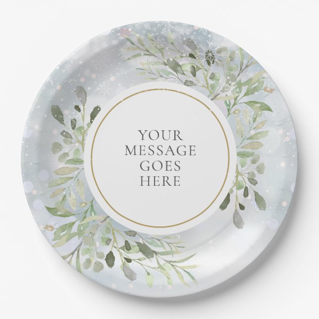 Personalized Winter Snowlakes Greenery Foliage Paper Plate (Front)