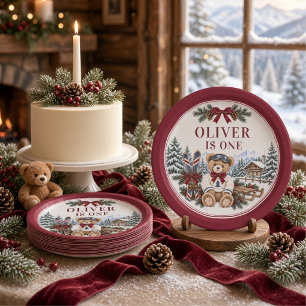 Personalized Winter Teddy Bear Burgundy Bow Paper Plate