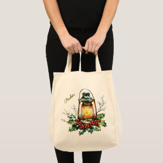 Personalized Winter Watercolor Holly & Berries Tote Bag