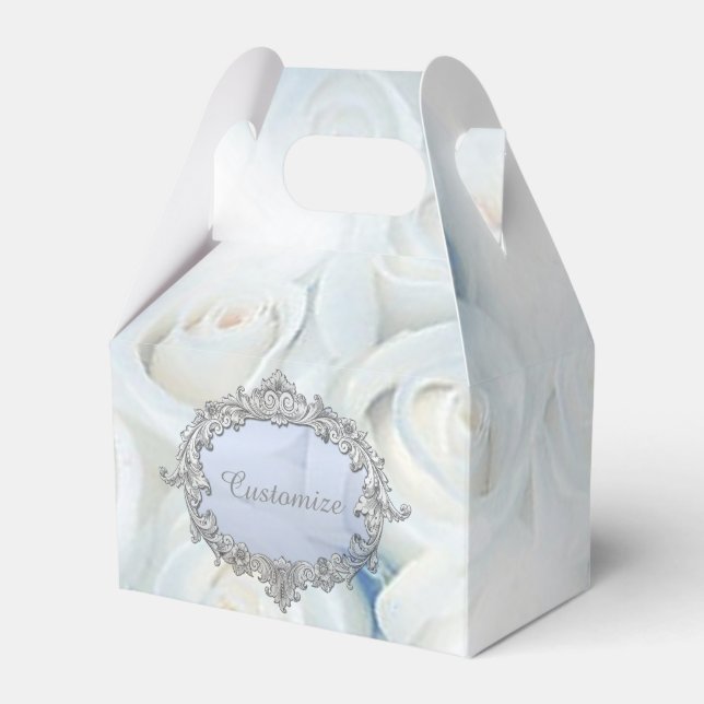 Personalized Winter White Roses Gable Favour Box (Front Side)