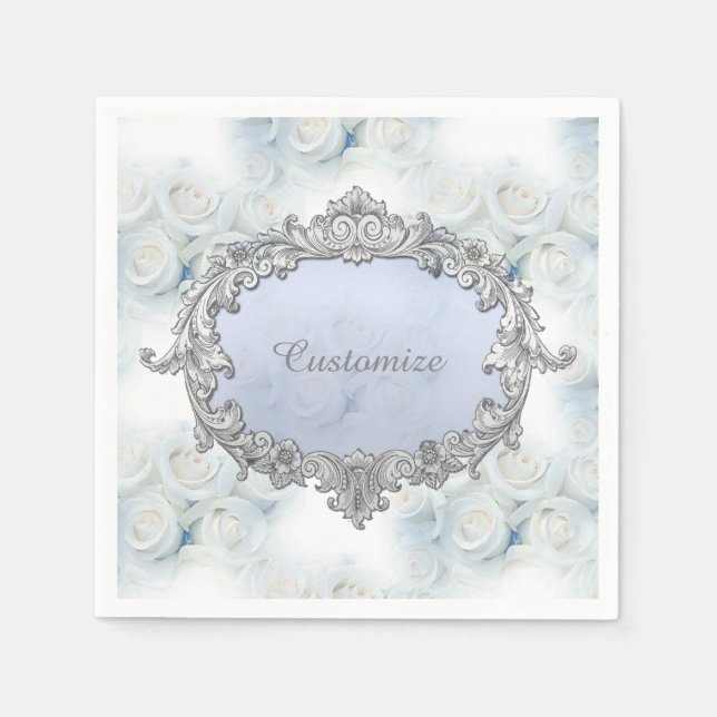 Personalized Winter White Roses Pattern Napkins (Front)
