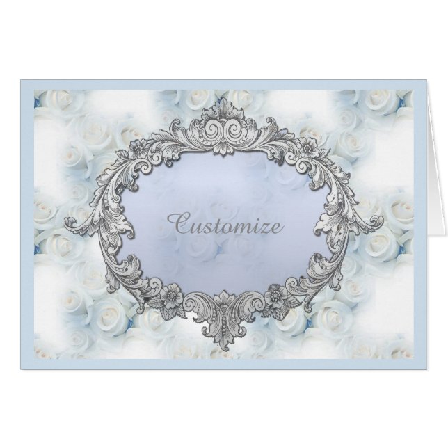 Personalized Winter White Roses Pattern Note Card (Front Horizontal)