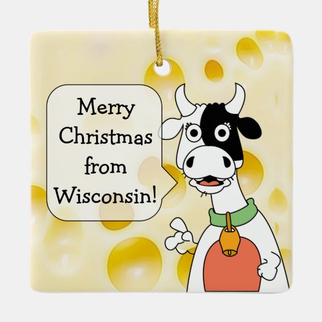 Personalized Wisconsin Cow and Cheese Christmas Ceramic Ornament (Front)