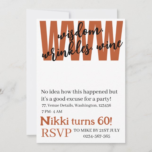 Personalized wisdom, wrinkles, wine funny birthday invitation (Front)
