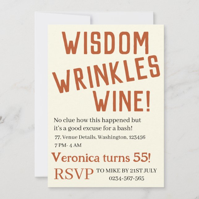 Personalized wisdom wrinkles wine funny birthday  invitation (Front)