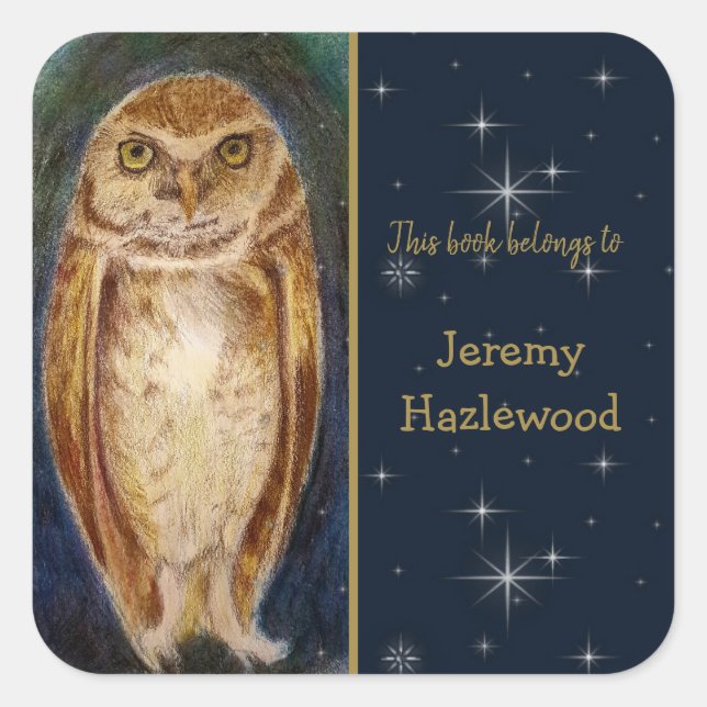 Personalized Wise Owl Elegant Bookplate Sticker (Front)
