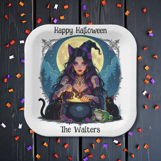 Personalized Witch and Cauldron Halloween Paper Plate (Creator Uploaded)