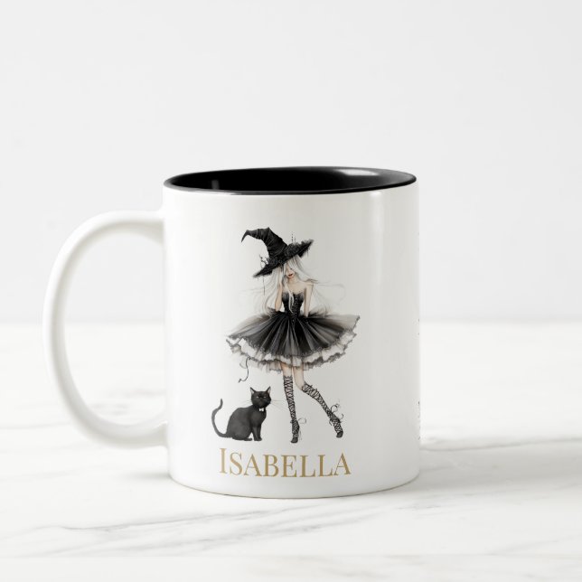 Personalized Witch & Black Cat Mug with Gothic Bow (Left)