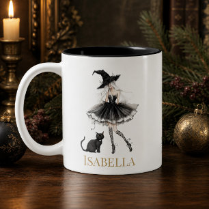 Personalized Witch & Black Cat Mug with Gothic Bow