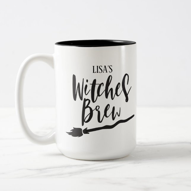 Personalized Witch Brew | Black Script Typography Two-Tone Coffee Mug (Left)