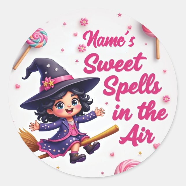 Personalized Witch & Candy Sky Halloween Classic Round Sticker (Front)