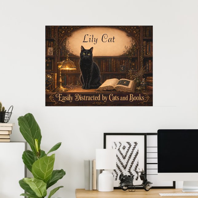 Personalized Witch Cat and Books Cozy Library Poster (Home Office)