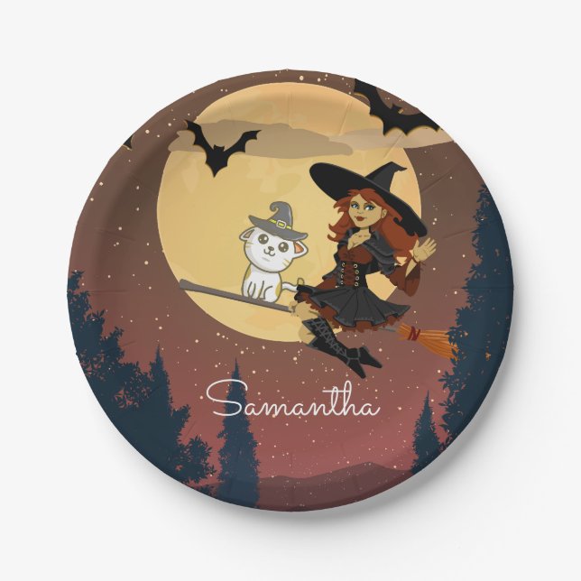 Personalized Witch Cat Happy Halloween Name Paper Plate (Front)