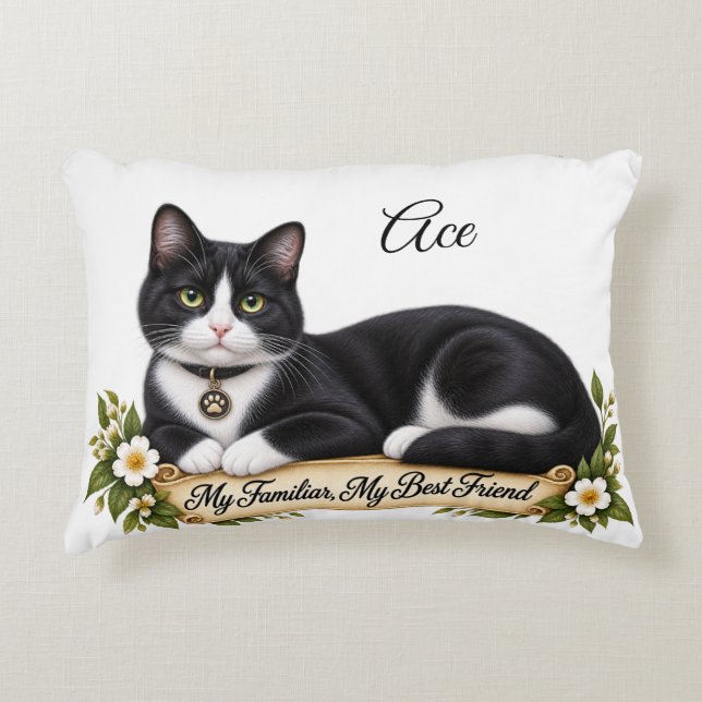Personalized Witch Familiar Tuxedo Cat Accent Pillow (Front)