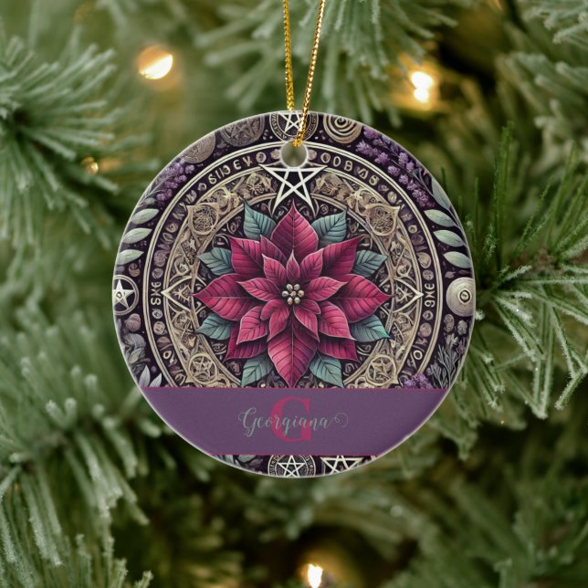 Personalized Witchy Poinsettia Pentagram Mandala Ceramic Ornament (Tree)