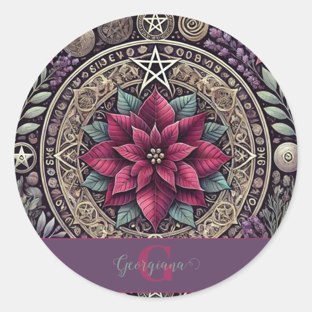 Personalized Witchy Poinsettia Pentagram Mandala Classic Round Sticker (Front)