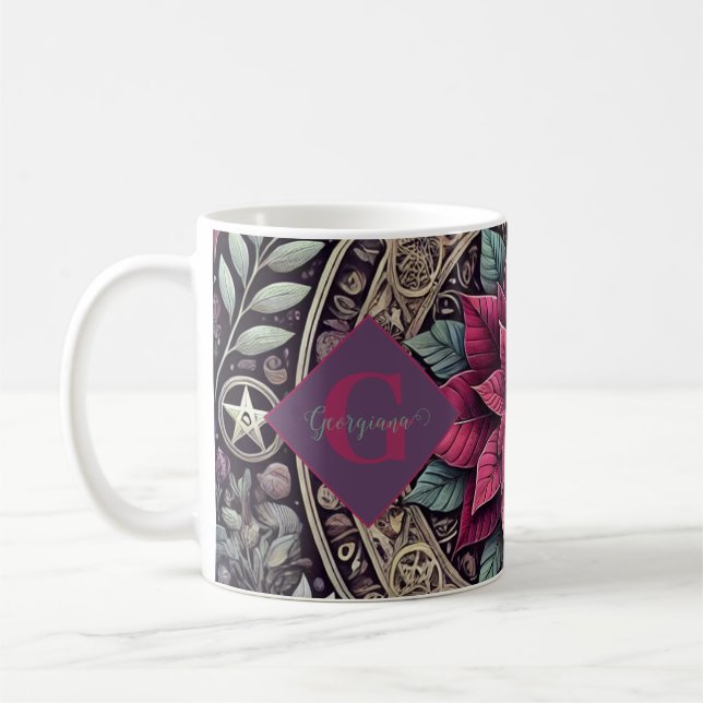 Personalized Witchy Poinsettia Pentagram Mandala Coffee Mug (Left)