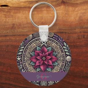 Personalized Witchy Poinsettia Pentagram Mandala Keychain