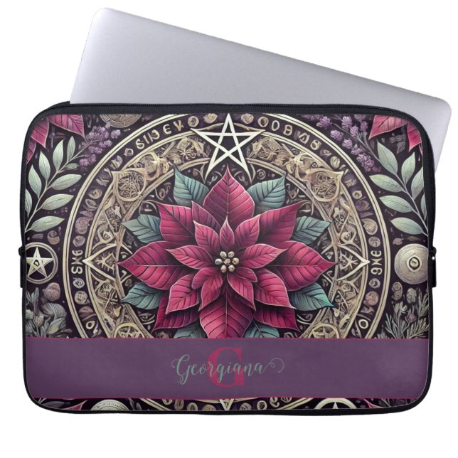 Personalized Witchy Poinsettia Pentagram Mandala Laptop Sleeve (Front)