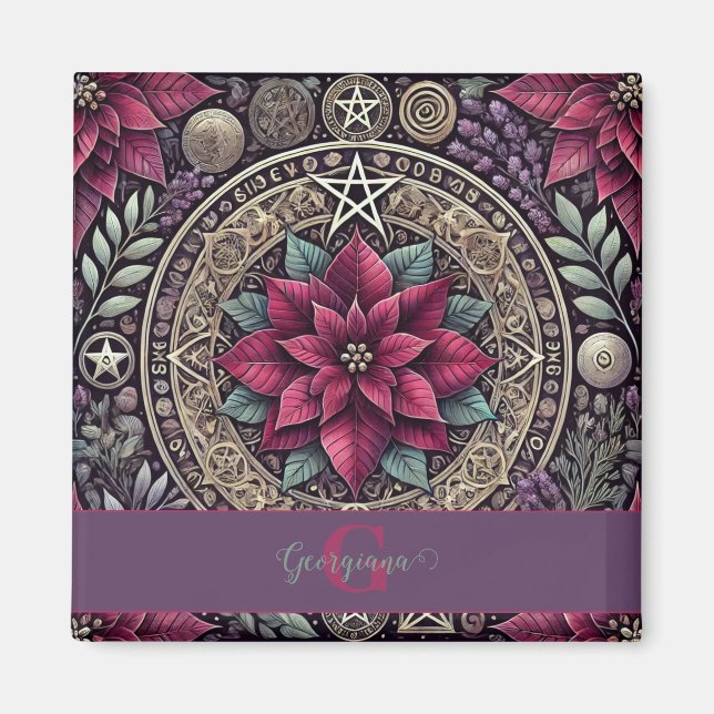 Personalized Witchy Poinsettia Pentagram Mandala Magnet (Front)