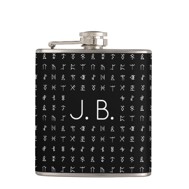 Personalized with Monogram & Runic Symbols Hip Flask (Front)