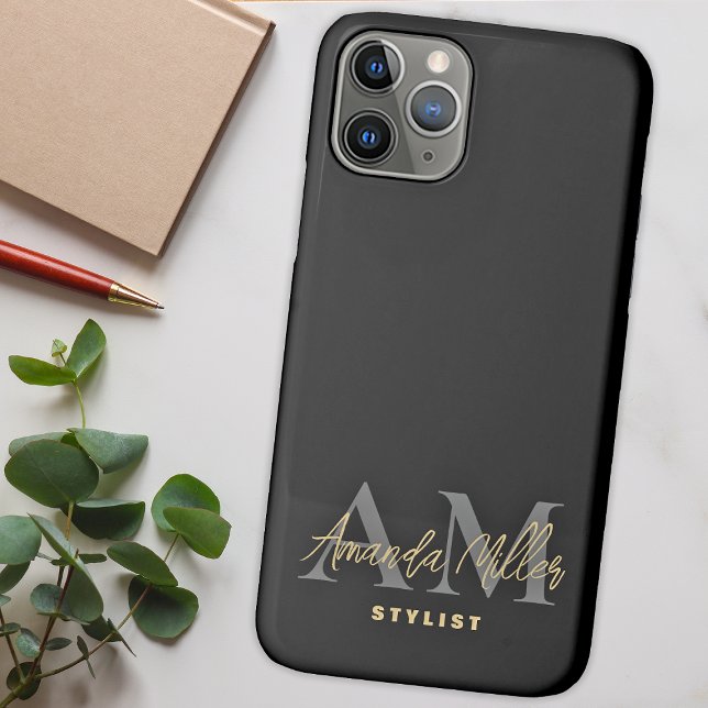 Personalized With Name Black Gold Modern Monogram Case-Mate iPhone Case (Creator Uploaded)