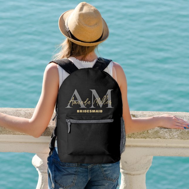 Personalized With Name Black Gold Modern Monogram Printed Backpack (Creator Uploaded)