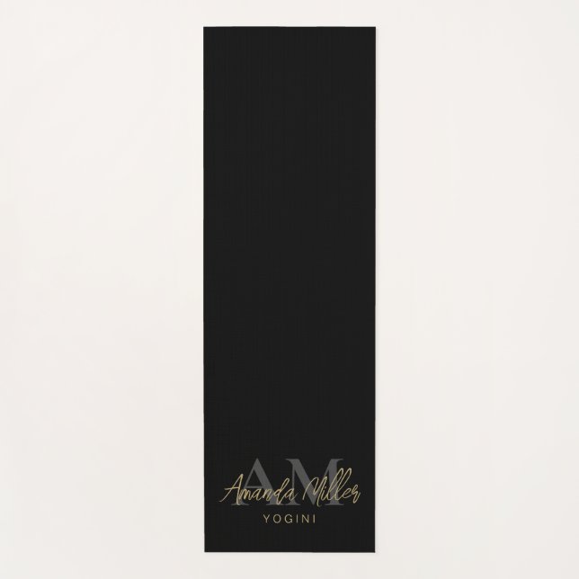 Personalized With Name Black Gold Modern Monogram Yoga Mat (Front)