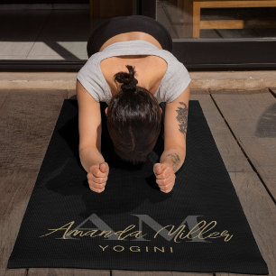 Personalized With Name Black Gold Modern Monogram Yoga Mat