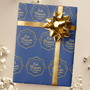Personalized with Name Blue and Gold Eid Mubarak  Wrapping Paper