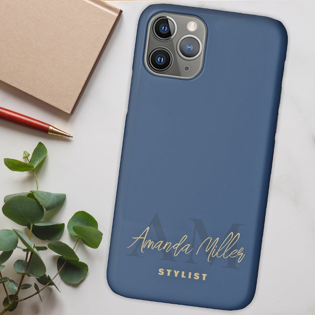 Personalized With Name Blue Gold Modern Monogram Case-Mate iPhone Case (Creator Uploaded)
