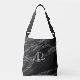 Personalized with Name Initial Chic Marble Black  Crossbody Bag