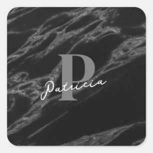 Personalized with Name Initial Marble Black Square Sticker