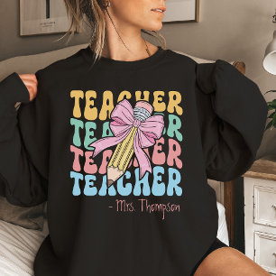 Personalized With Name Pink Bow Teacher Custom Sweatshirt