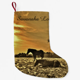 Personalized with name Sunset horses in snow Small Christmas Stocking
