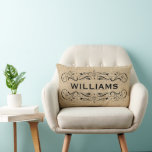Personalized with Name | Vintage Flourish Lumbar Pillow<br><div class="desc">Shabby chic pillow features an elegant decorative black scroll frame and custom monogram text for a last name or other wording. Background has a neutral textured linen / burlap textured appearance.</div>