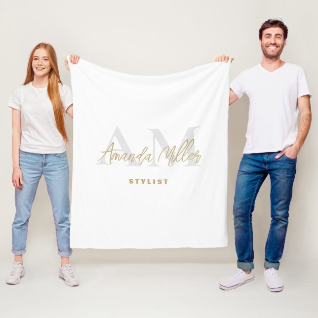 Personalized With Name White Gold Modern Monogram Fleece Blanket (In Situ)