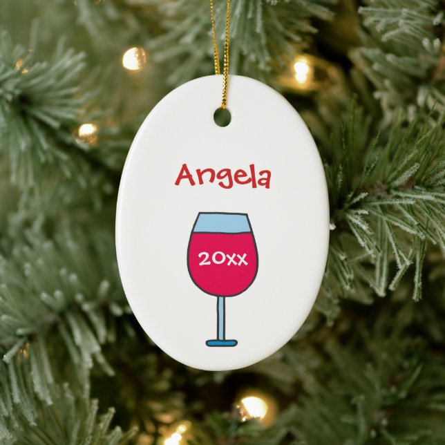 Personalized with Name Year Red Wine Glass Ceramic Ornament (Tree)