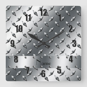 Personalized with your name diamond plate steel square wall clock